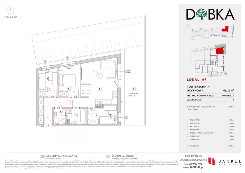 4 pokoje, mieszkanie 66,36 m², parter, oferta nr A07, Dobka, Warszawa, Białołęka, Brzeziny, ul. Dobka z Oleśnicy 25