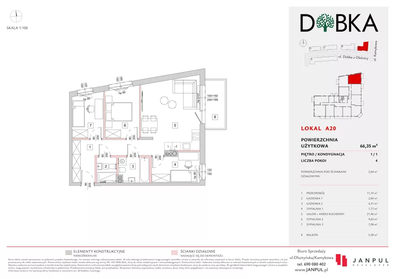 4 pokoje, mieszkanie 66,35 m², piętro 1, oferta nr A20, Dobka, Warszawa, Białołęka, Brzeziny, ul. Dobka z Oleśnicy 25
