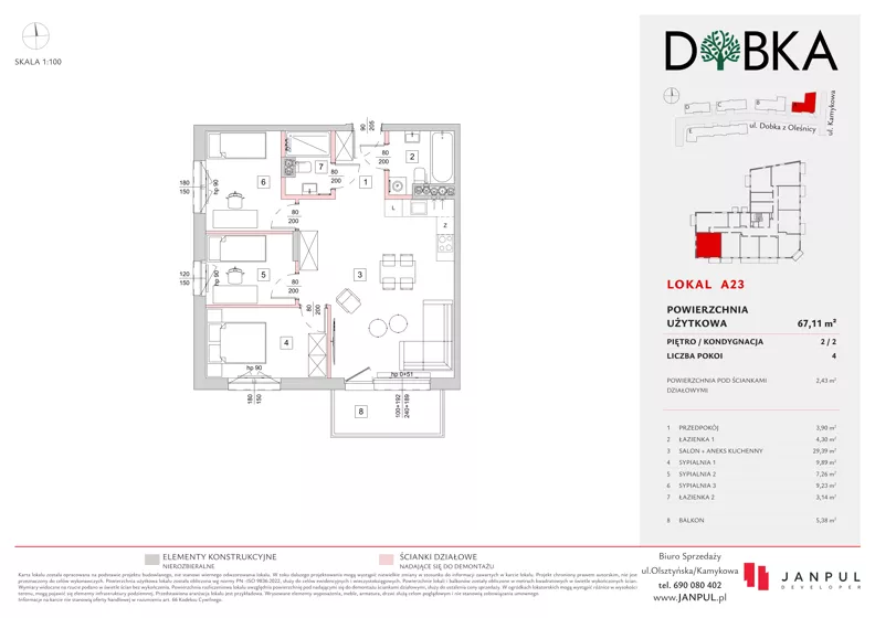 4 pokoje, mieszkanie 67,11 m², piętro 2, oferta nr A23, Dobka, Warszawa, Białołęka, Brzeziny, ul. Dobka z Oleśnicy 25
