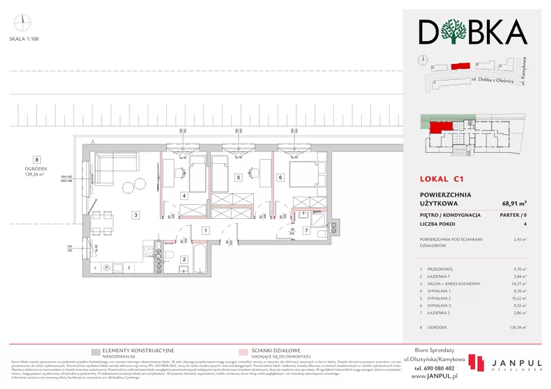 4 pokoje, mieszkanie 68,91 m², parter, oferta nr C01, Dobka, Warszawa, Białołęka, Brzeziny, ul. Dobka z Oleśnicy 25