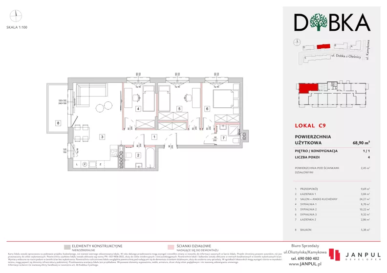 4 pokoje, mieszkanie 68,90 m², piętro 1, oferta nr C09, Dobka, Warszawa, Białołęka, Brzeziny, ul. Dobka z Oleśnicy 25