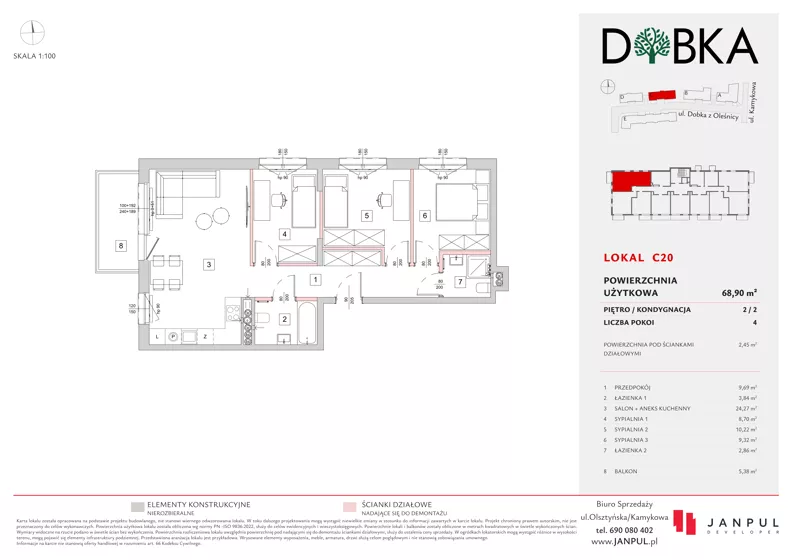 4 pokoje, mieszkanie 68,90 m², piętro 2, oferta nr C20, Dobka, Warszawa, Białołęka, Brzeziny, ul. Dobka z Oleśnicy 25