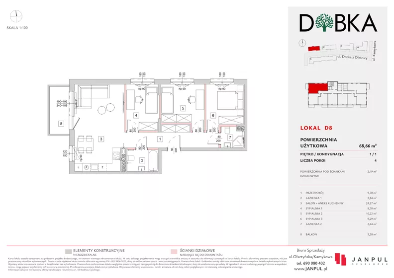 4 pokoje, mieszkanie 68,66 m², piętro 1, oferta nr D08, Dobka, Warszawa, Białołęka, Brzeziny, ul. Dobka z Oleśnicy 25