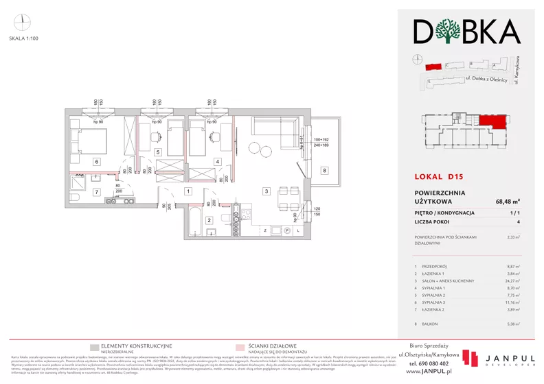 4 pokoje, mieszkanie 68,48 m², piętro 1, oferta nr D15, Dobka, Warszawa, Białołęka, Brzeziny, ul. Dobka z Oleśnicy 25