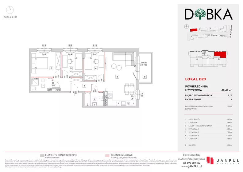 4 pokoje, mieszkanie 68,49 m², piętro 2, oferta nr D23, Dobka, Warszawa, Białołęka, Brzeziny, ul. Dobka z Oleśnicy 25