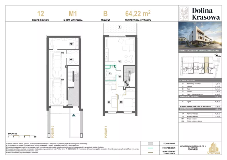 3 pokoje, mieszkanie 64,22 m², piętro 1, oferta nr 12.M1, Dolina Krasowa 6, Krzeszowice, ul. Krasowa