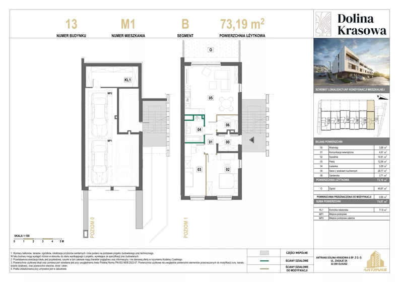 3 pokoje, mieszkanie 73,19 m², piętro 1, oferta nr 13.M1, Dolina Krasowa 6, Krzeszowice, ul. Krasowa