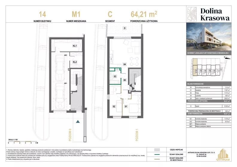3 pokoje, mieszkanie 64,21 m², piętro 1, oferta nr 14.M1, Dolina Krasowa 6, Krzeszowice, ul. Krasowa