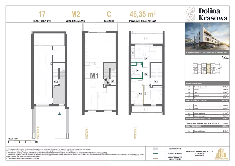 3 pokoje, mieszkanie 46,35 m², piętro 2, oferta nr 17.M2, Dolina Krasowa 6, Krzeszowice, ul. Krasowa