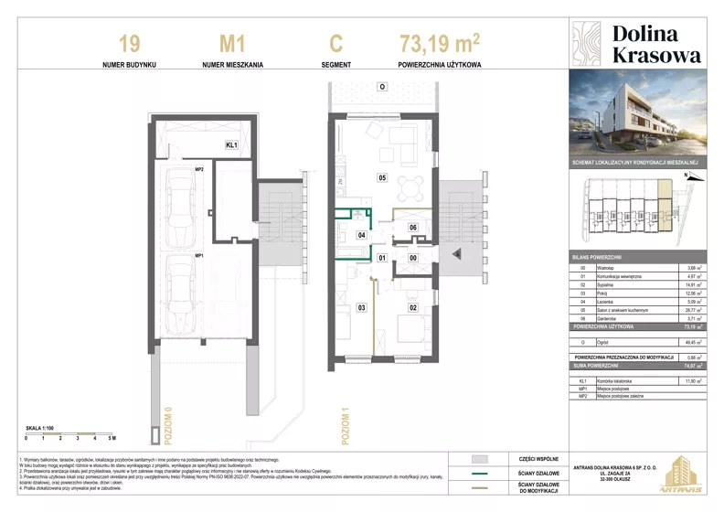 3 pokoje, mieszkanie 73,19 m², piętro 1, oferta nr 19.M1, Dolina Krasowa 6, Krzeszowice, ul. Krasowa