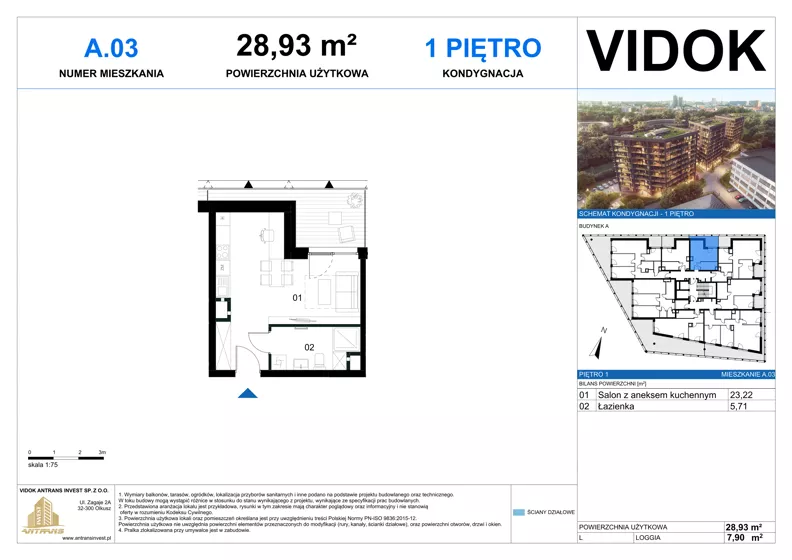 1 pokój, mieszkanie 28,74 m², piętro 1, oferta nr A.M.03, VIDOK Apartamenty, Katowice, Śródmieście, ul. Kozielska