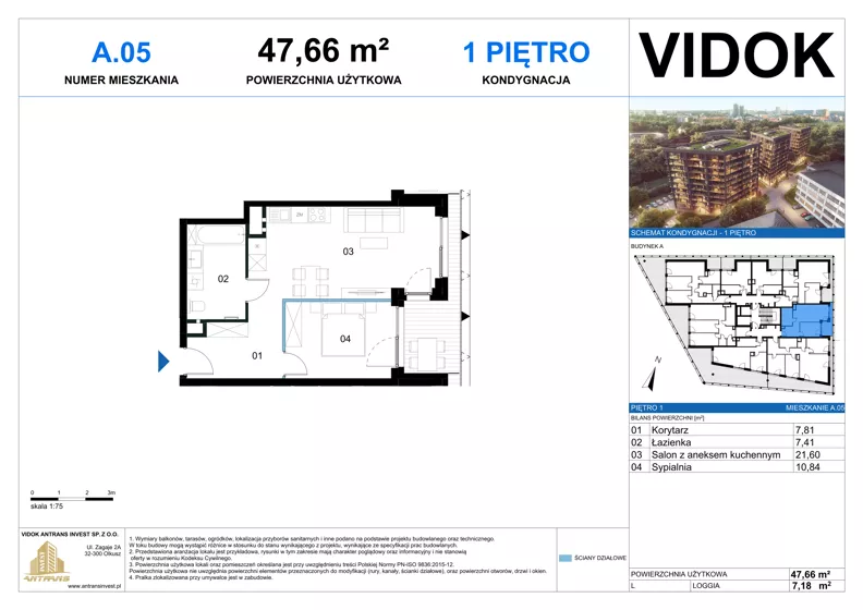 2 pokoje, mieszkanie 47,66 m², piętro 1, oferta nr A.M.05, VIDOK Apartamenty, Katowice, Śródmieście, ul. Kozielska