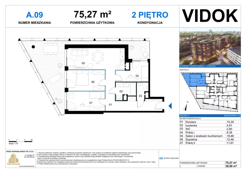 4 pokoje, mieszkanie 75,78 m², piętro 2, oferta nr A.M.09, VIDOK Apartamenty, Katowice, Śródmieście, ul. Kozielska