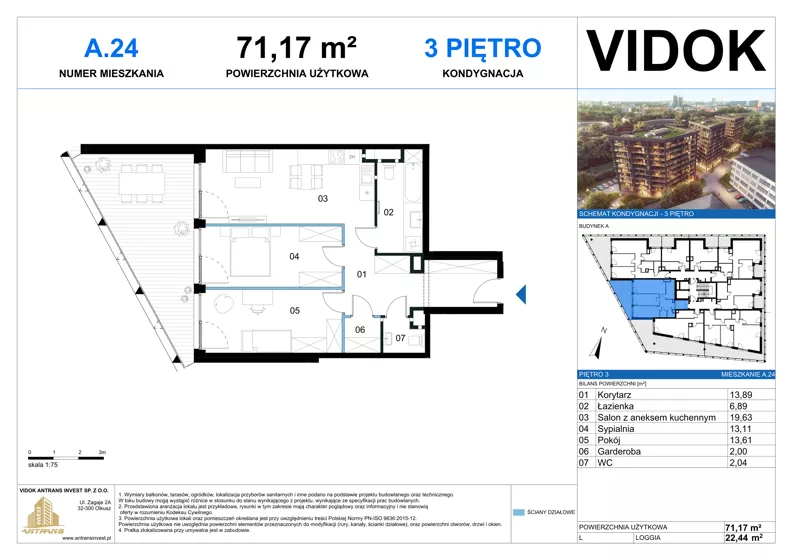 3 pokoje, mieszkanie 71,17 m², piętro 3, oferta nr A.M.24, VIDOK Apartamenty, Katowice, Śródmieście, ul. Kozielska