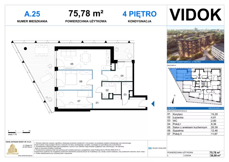 4 pokoje, mieszkanie 75,78 m², piętro 4, oferta nr A.M.25, VIDOK Apartamenty, Katowice, Śródmieście, ul. Kozielska