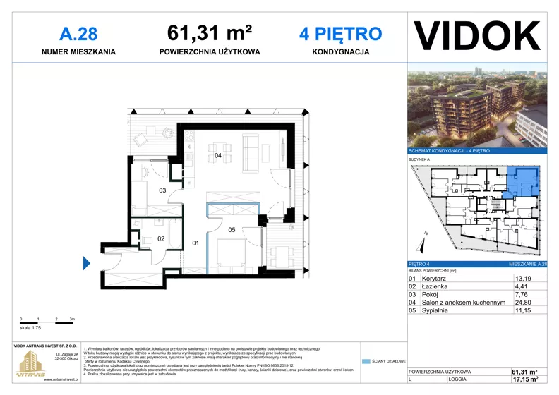 3 pokoje, mieszkanie 60,90 m², piętro 4, oferta nr A.M.28, VIDOK Apartamenty, Katowice, Śródmieście, ul. Kozielska