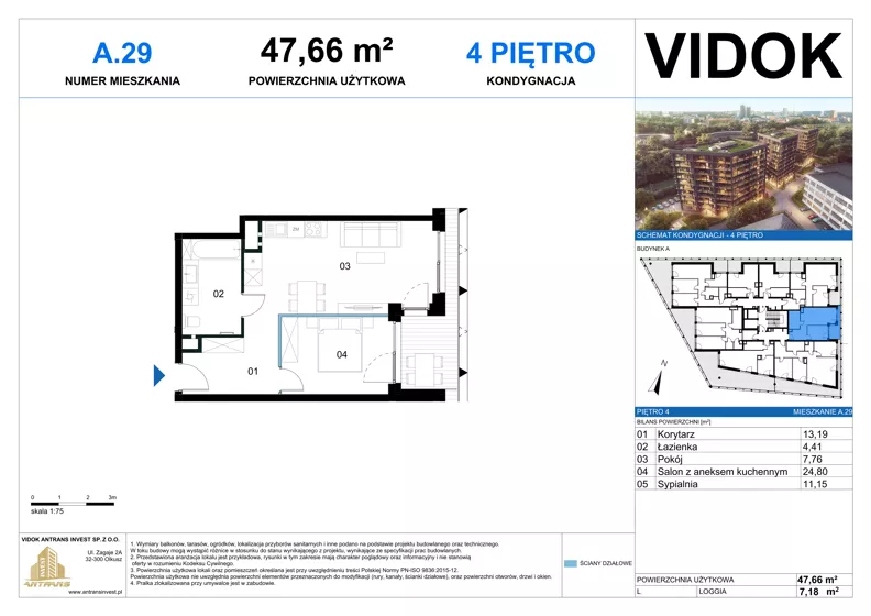 2 pokoje, mieszkanie 47,66 m², piętro 4, oferta nr A.M.29, VIDOK Apartamenty, Katowice, Śródmieście, ul. Kozielska