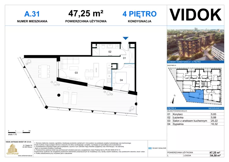 2 pokoje, mieszkanie 47,25 m², piętro 4, oferta nr A.M.31, VIDOK Apartamenty, Katowice, Śródmieście, ul. Kozielska