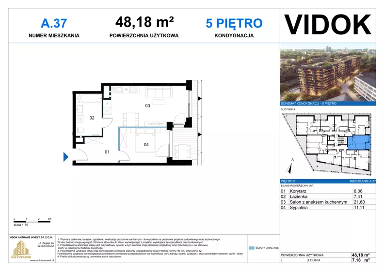 2 pokoje, mieszkanie 48,18 m², piętro 5, oferta nr A.M.37, VIDOK Apartamenty, Katowice, Śródmieście, ul. Kozielska