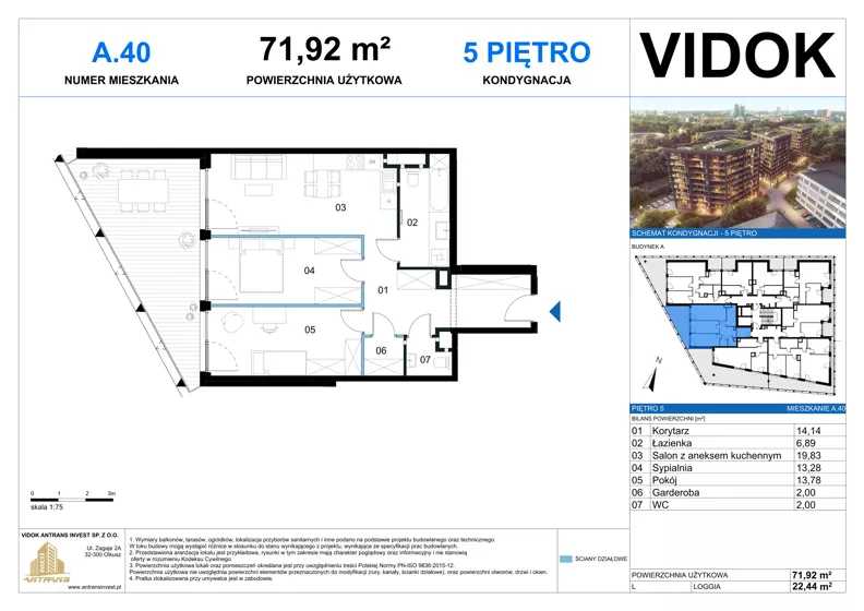 3 pokoje, mieszkanie 71,92 m², piętro 5, oferta nr A.M.40, VIDOK Apartamenty, Katowice, Śródmieście, ul. Kozielska