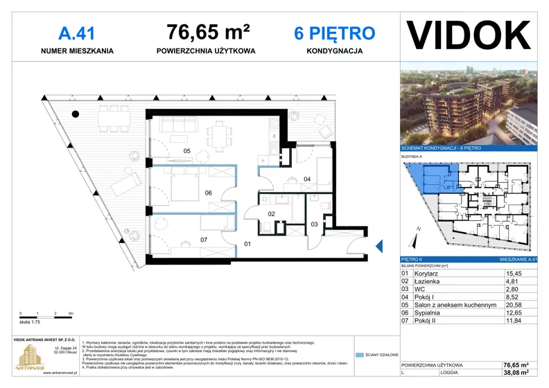 4 pokoje, mieszkanie 76,65 m², piętro 6, oferta nr A.M.41, VIDOK Apartamenty, Katowice, Śródmieście, ul. Kozielska