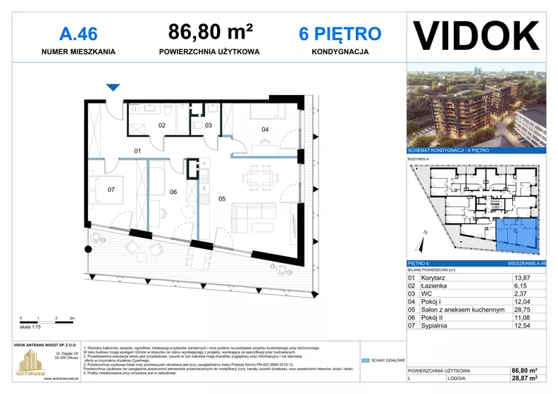 4 pokoje, mieszkanie 86,80 m², piętro 6, oferta nr A.M.46, VIDOK Apartamenty, Katowice, Śródmieście, ul. Kozielska