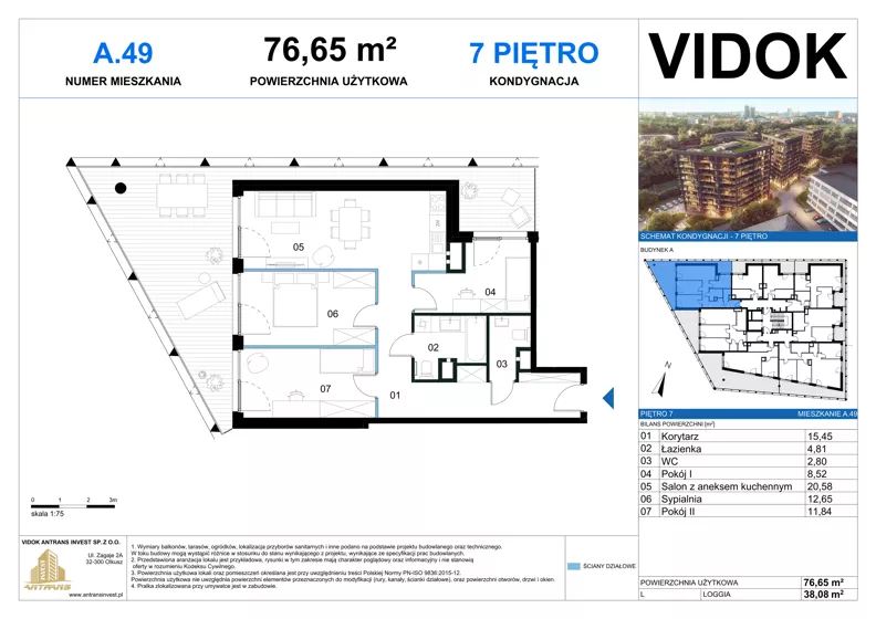 4 pokoje, mieszkanie 76,65 m², piętro 7, oferta nr A.M.49, VIDOK Apartamenty, Katowice, Śródmieście, ul. Kozielska