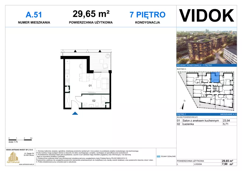 1 pokój, mieszkanie 29,45 m², piętro 7, oferta nr A.M.51, VIDOK Apartamenty, Katowice, Śródmieście, ul. Kozielska