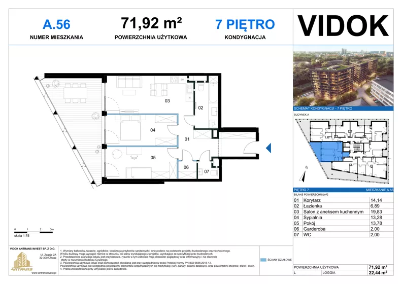 3 pokoje, mieszkanie 71,92 m², piętro 7, oferta nr A.M.56, VIDOK Apartamenty, Katowice, Śródmieście, ul. Kozielska