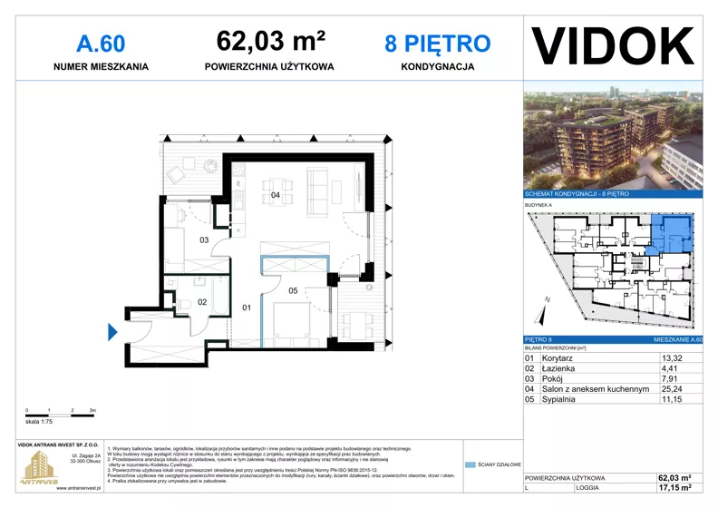 3 pokoje, mieszkanie 61,62 m², piętro 8, oferta nr A.M.60, VIDOK Apartamenty, Katowice, Śródmieście, ul. Kozielska