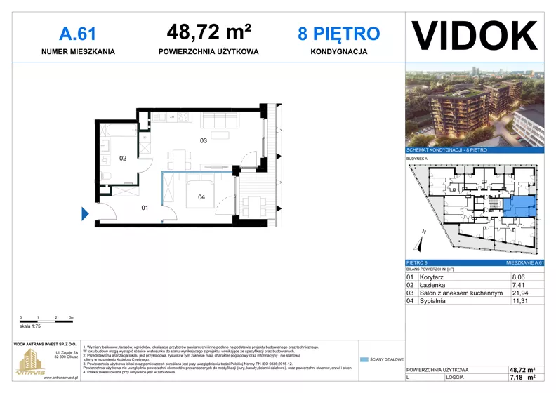 2 pokoje, mieszkanie 48,72 m², piętro 8, oferta nr A.M.61, VIDOK Apartamenty, Katowice, Śródmieście, ul. Kozielska