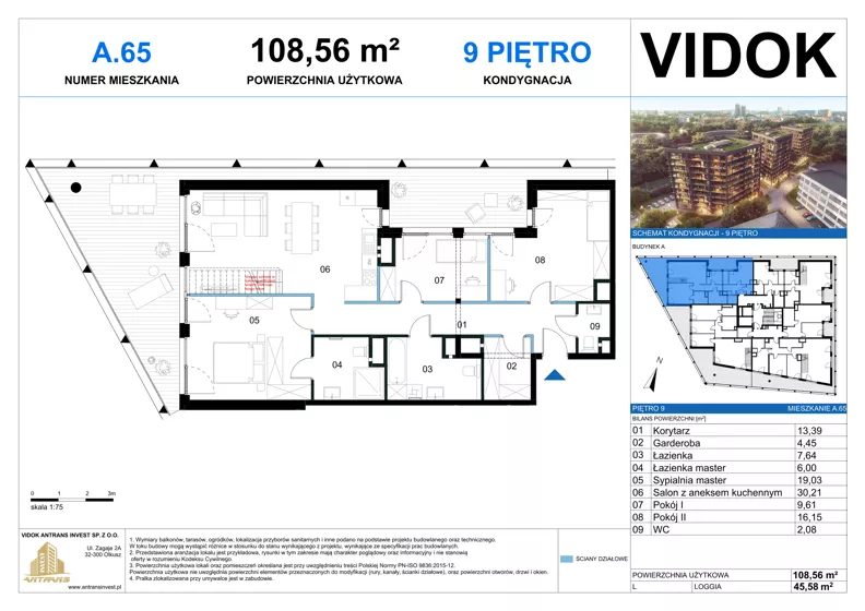 4 pokoje, mieszkanie 108,56 m², piętro 9, oferta nr A.M.65, VIDOK Apartamenty, Katowice, Śródmieście, ul. Kozielska