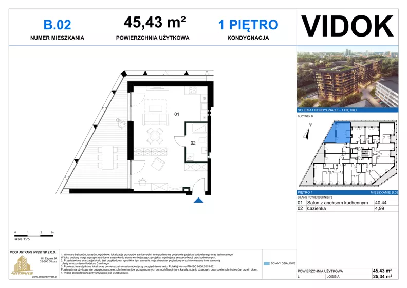 1 pokój, mieszkanie 45,43 m², piętro 1, oferta nr B.M.02, VIDOK Apartamenty, Katowice, Śródmieście, ul. Kozielska