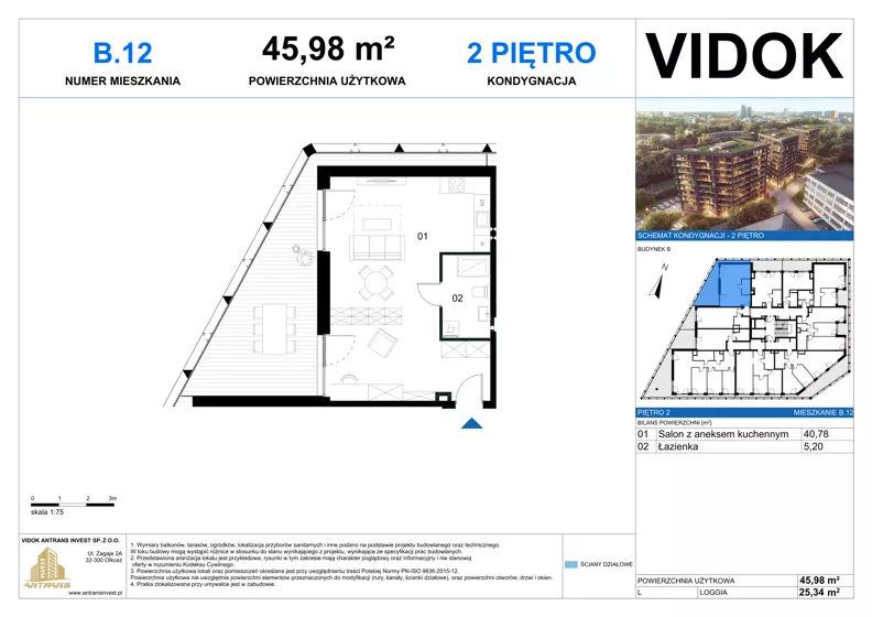 1 pokój, mieszkanie 45,98 m², piętro 2, oferta nr B.M.12, VIDOK Apartamenty, Katowice, Śródmieście, ul. Kozielska
