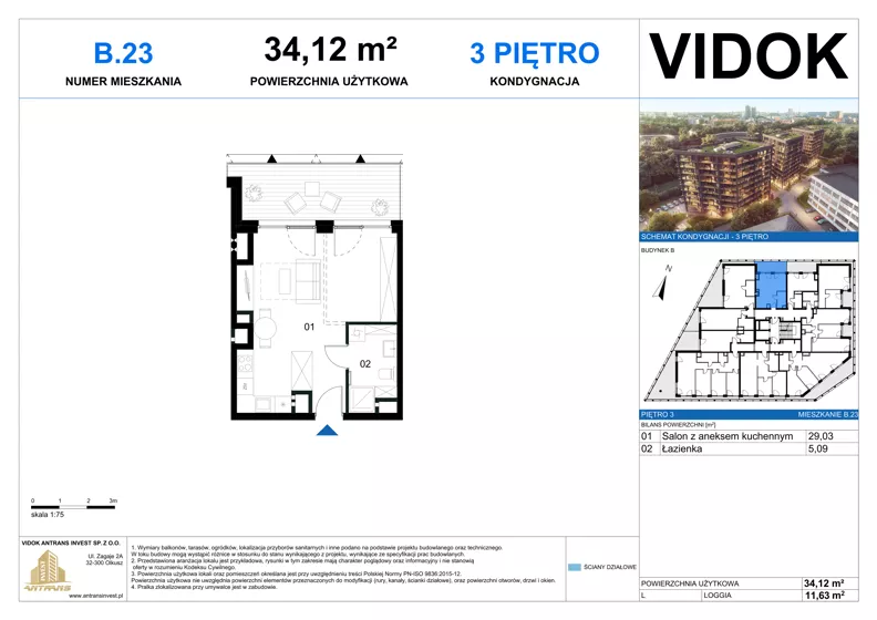 1 pokój, mieszkanie 34,12 m², piętro 3, oferta nr B.M.23, VIDOK Apartamenty, Katowice, Śródmieście, ul. Kozielska