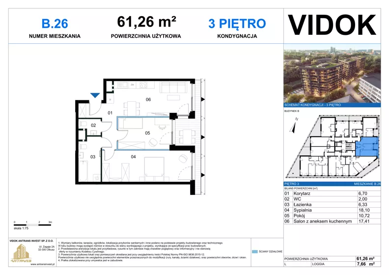 3 pokoje, mieszkanie 61,26 m², piętro 3, oferta nr B.M.26, VIDOK Apartamenty, Katowice, Śródmieście, ul. Kozielska
