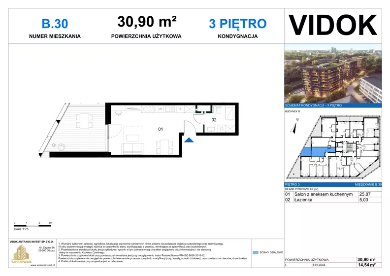 1 pokój, mieszkanie 30,90 m², piętro 3, oferta nr B.M.30, VIDOK Apartamenty, Katowice, Śródmieście, ul. Kozielska