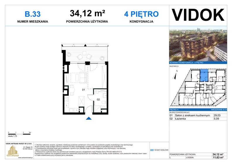 1 pokój, mieszkanie 34,12 m², piętro 4, oferta nr B.M.33, VIDOK Apartamenty, Katowice, Śródmieście, ul. Kozielska