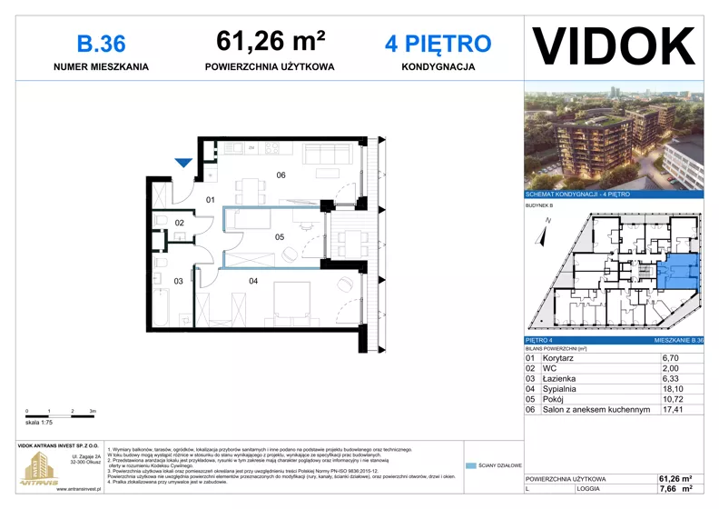 3 pokoje, mieszkanie 61,26 m², piętro 4, oferta nr B.M.36, VIDOK Apartamenty, Katowice, Śródmieście, ul. Kozielska