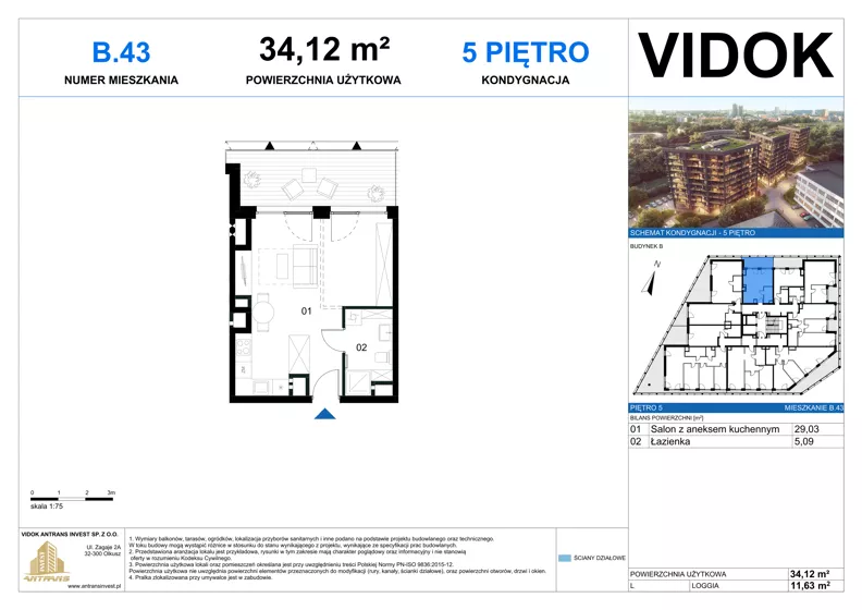 1 pokój, mieszkanie 34,12 m², piętro 5, oferta nr B.M.43, VIDOK Apartamenty, Katowice, Śródmieście, ul. Kozielska