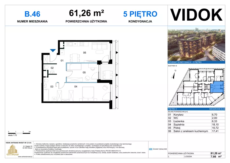 3 pokoje, mieszkanie 61,26 m², piętro 5, oferta nr B.M.46, VIDOK Apartamenty, Katowice, Śródmieście, ul. Kozielska