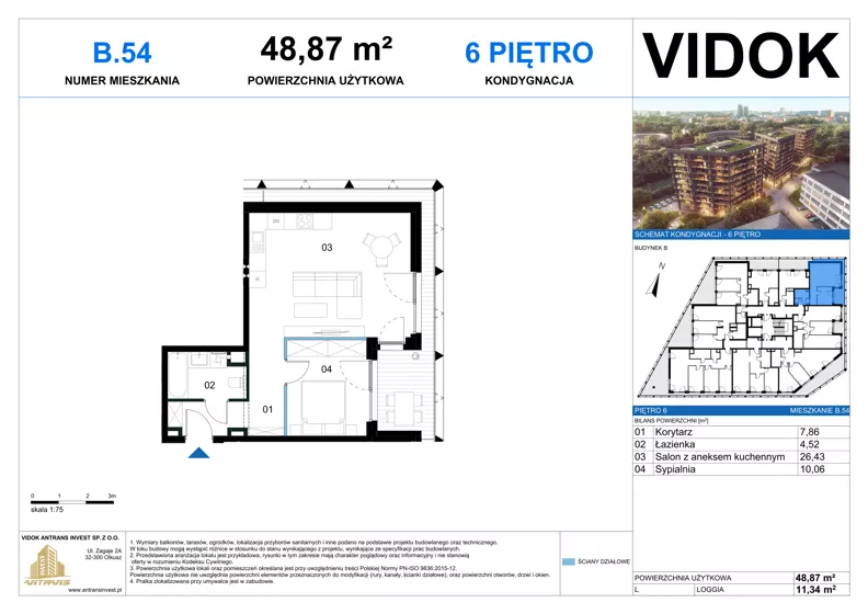 2 pokoje, mieszkanie 48,87 m², piętro 6, oferta nr B.M.54, VIDOK Apartamenty, Katowice, Śródmieście, ul. Kozielska
