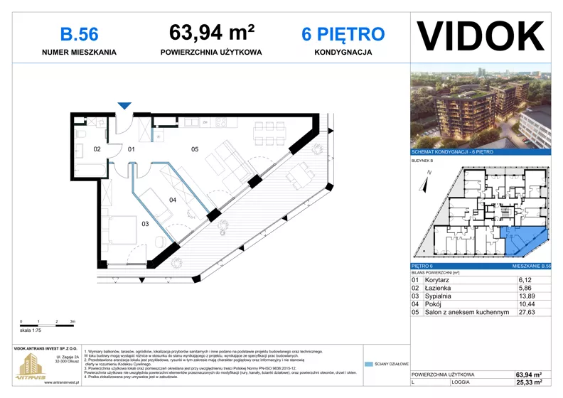 3 pokoje, mieszkanie 63,94 m², piętro 6, oferta nr B.M.56, VIDOK Apartamenty, Katowice, Śródmieście, ul. Kozielska