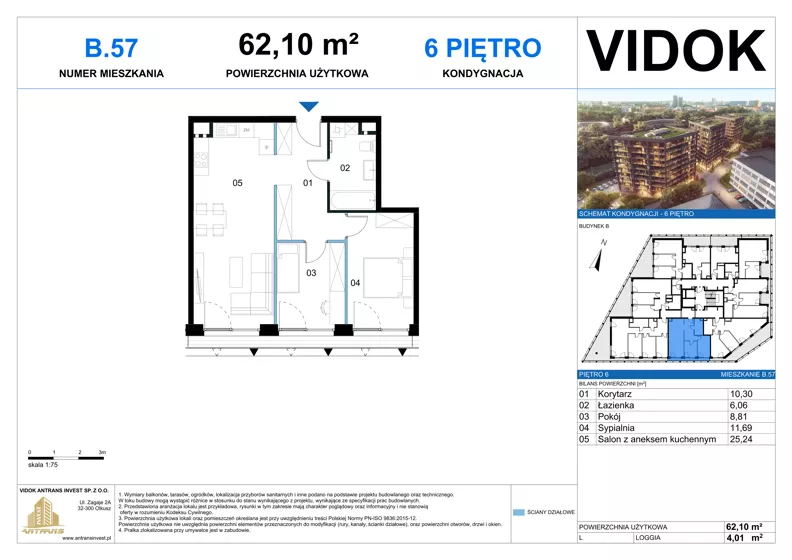 2 pokoje, mieszkanie 62,10 m², piętro 6, oferta nr B.M.57, VIDOK Apartamenty, Katowice, Śródmieście, ul. Kozielska