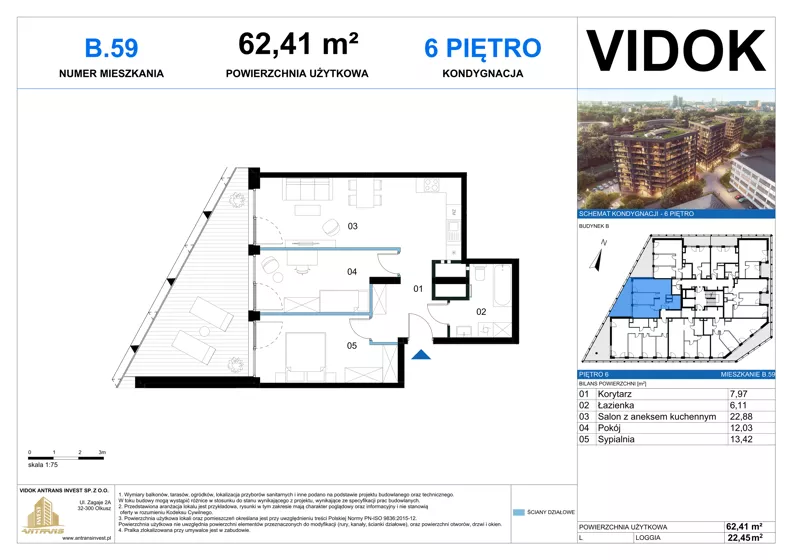 3 pokoje, mieszkanie 62,41 m², piętro 6, oferta nr B.M.59, VIDOK Apartamenty, Katowice, Śródmieście, ul. Kozielska
