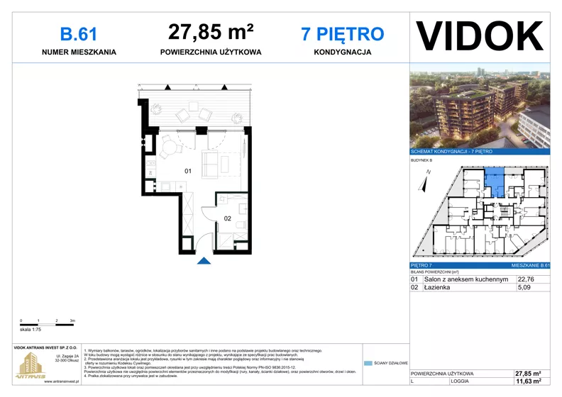 1 pokój, mieszkanie 27,85 m², piętro 7, oferta nr B.M.61, VIDOK Apartamenty, Katowice, Śródmieście, ul. Kozielska