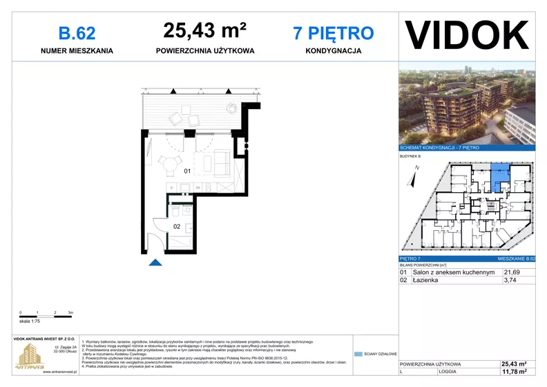 1 pokój, apartament 25,43 m², piętro 7, oferta nr B.M.62, VIDOK Apartamenty, Katowice, Śródmieście, ul. Kozielska