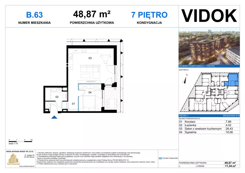2 pokoje, mieszkanie 48,87 m², piętro 7, oferta nr B.M.63, VIDOK Apartamenty, Katowice, Śródmieście, ul. Kozielska