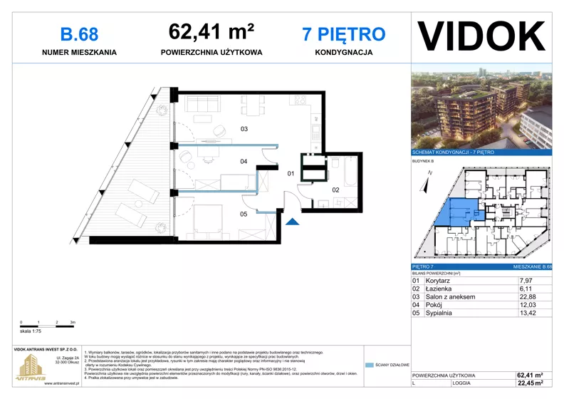3 pokoje, mieszkanie 62,41 m², piętro 7, oferta nr B.M.68, VIDOK Apartamenty, Katowice, Śródmieście, ul. Kozielska