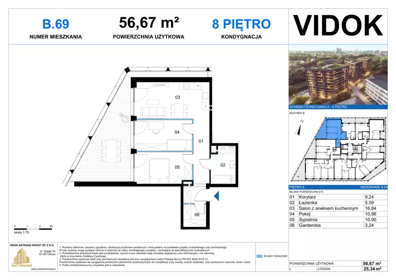 3 pokoje, mieszkanie 56,67 m², piętro 8, oferta nr B.M.69, VIDOK Apartamenty, Katowice, Śródmieście, ul. Kozielska
